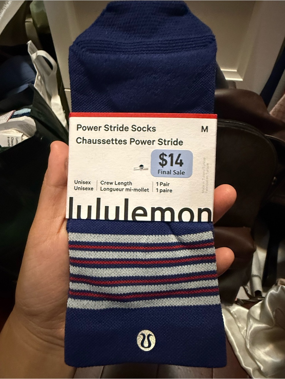 lululemon athletica Men’s Power Stride Crew Socks - Navy with Gray & Red Stripes
